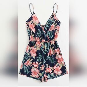 *SHEIN VCAY Womens Cami Wrap Tropical Floral Short Length Romper Multicolor
